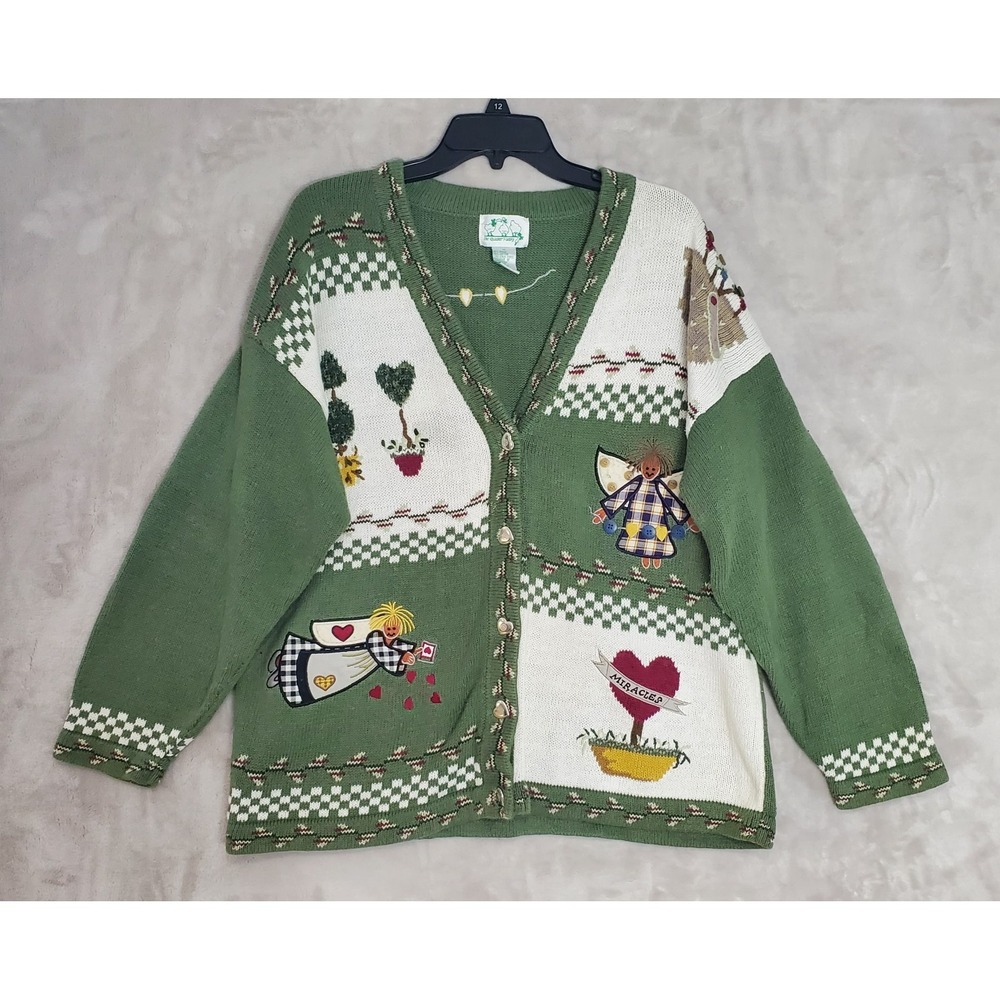 Vintage Quacker Factory Cardigan Sweater Womens 1X Angel Miracles Hearts READ